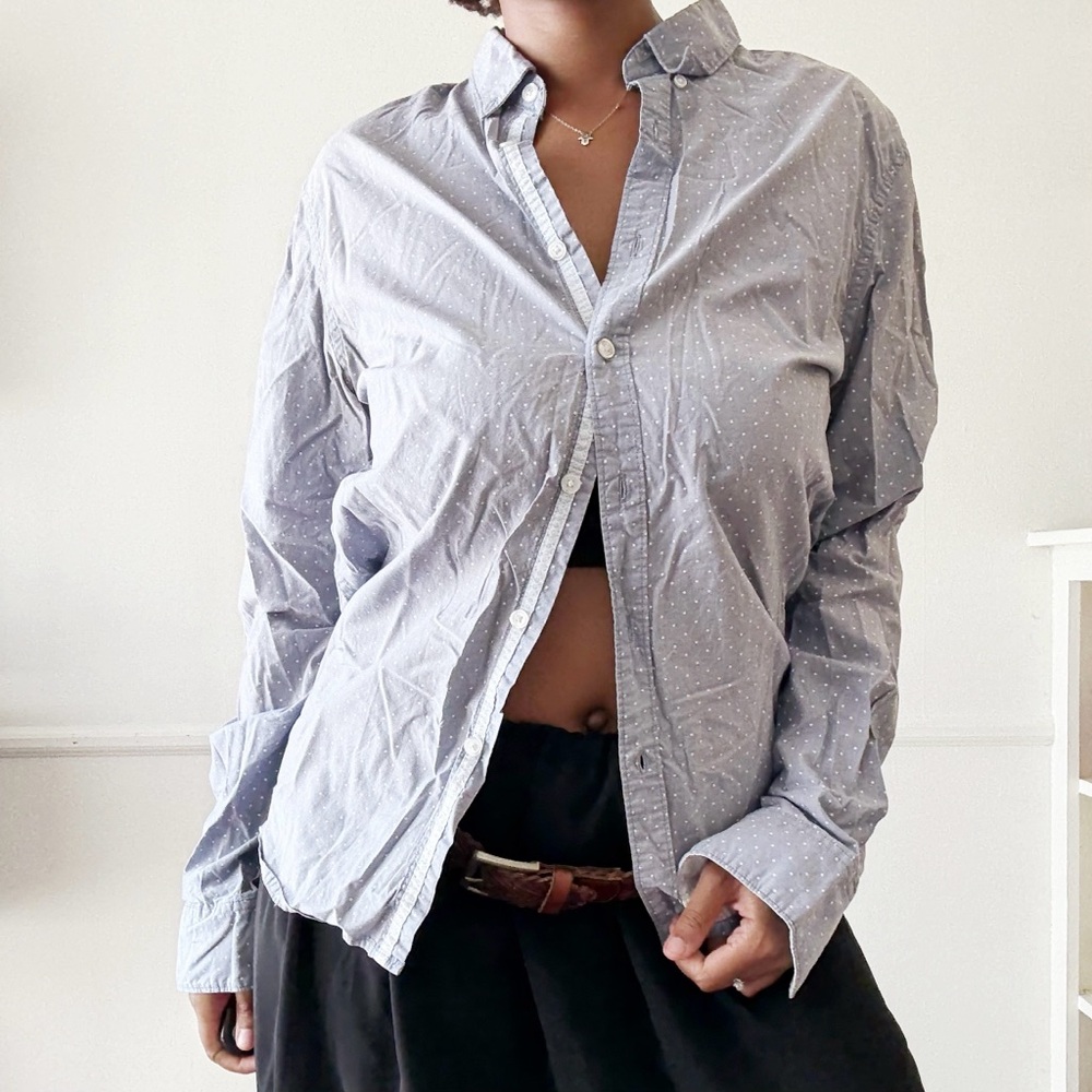 men's light blue polka dot button down shirt